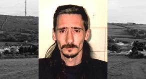 Lee Ford's mug shot overlayed on a black-and-white image of a field near Carnkie