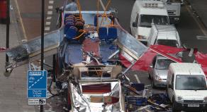 The remains of the double-decker bus that was targeted during the London bombings