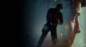 An actor portraying Ed Gein digging a hole in a graveyard overlayed on a side-profile of his face