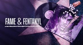 'FAME & FENTANYL' A bottle of pills spilling over a torn photo of Prince next to a vinyl record with a skull and cross bones in the middle
