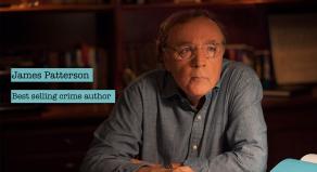 James Patterson next to text stating his name and 'Best selling crime author'