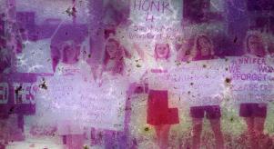 Young women hold up signs of remembrance, and frustration with lack of arrests in the 'Yogurt Shop Murders' case