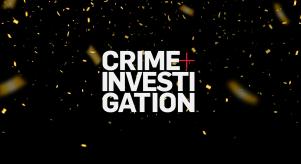 Crime+Investigation logo on a black background with gold confetti falling down