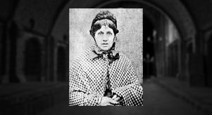 Black and white photograph of Mary Ann Cotton overlayed on a black and white and blurred image of an old Victorian street