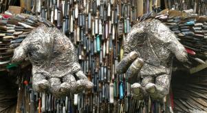 A close up of the Knife Angel, a sculpture made of confiscated knifes