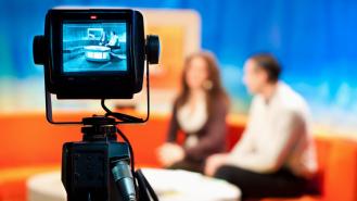 A camera focuses on a talk show TV set66408646 