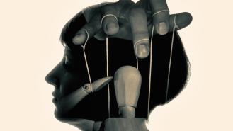 Marionette in woman head, black and white