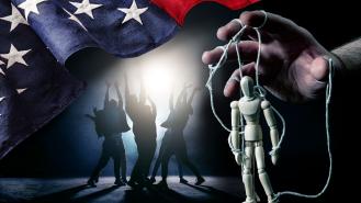 A graphic showing the Flag of the United States, a graphic of people praising the sun and a doll being controlled by string