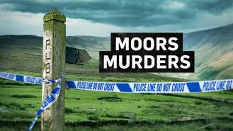 A composite graphic of police tape wrapped around a footpath signpost. There is a background photo of Saddleworth Moor and text reading ' Moors Murders