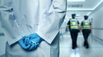 A stock image showing a person holding a syringe whilst police are in the distance