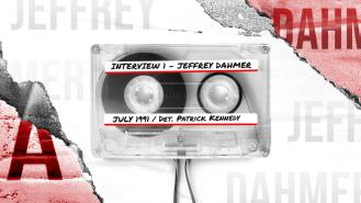An old cassette tape with 'Interview 1 - Jeffrey Dahmer' and 'July 1991 / Det. Patrick Kennedy' written on it