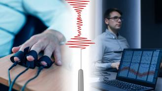 Left: A close up of a man's fingers strapped into a polygraph test, right, a wide photograph of a man undertaking a lie detector test