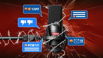 A stock image graphic of a microphone surrounded by hate messages and angry emojis