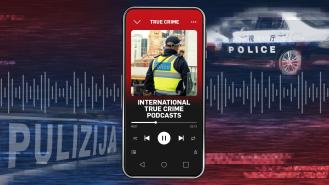 A smartphone playing a podcast with the title 'International true crime podcasts'
