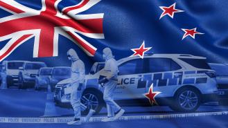 An edited image showing the New Zealand flag and a New Zealand police car