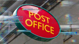 A digitally edited photo of a Post Office sign with glitch effects