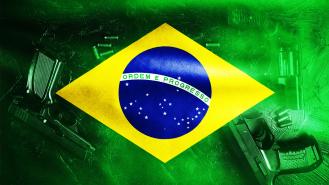 Guns overlaid on the Brazilian flag