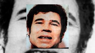A photo of Fred West imposed over a larger black and white photo