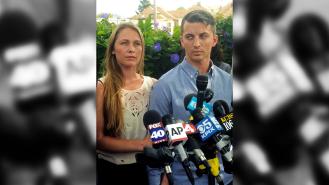 Denise Huskins and Aaron Quinn address the media