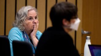 Nancy Brophy watches court proceedings during her trial