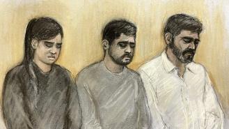 Courtroom sketch of (left to right) Sara Sharif's stepmother Beinash Batool, uncle Faisal Malik and father Urfan Sharif