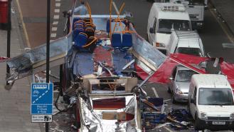 The remains of the double-decker bus that was targeted during the London bombings