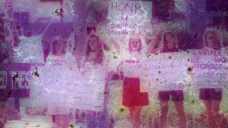 Young women hold up signs of remembrance, and frustration with lack of arrests in the 'Yogurt Shop Murders' case