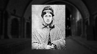 Black and white photograph of Mary Ann Cotton overlayed on a black and white and blurred image of an old Victorian street