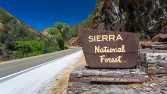 A sign by the side of the road marking the entrance to Sierra National Forest