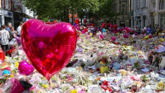 A sea of flowers and balloons in memory of the victims of the Manchester Arena bombing
