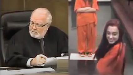 Split screen of a judge and a female prisoner in an orange jumpsuit