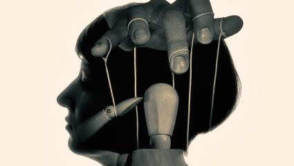 Marionette in woman head, black and white