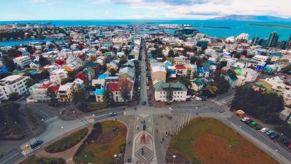 A drone shot of Reykjavík, the capital city of Iceland