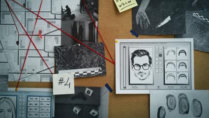 Detective board with fingerprints, crime scene photos and red threads,