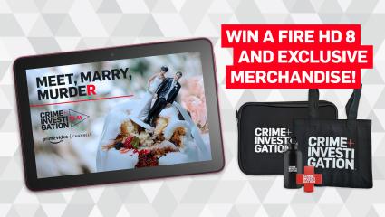 A graphic of a Fire HD 8 Plum tablet, alongside a composite photograph of Crime+Investigation branded merchandise.