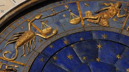 Detail of Saint Mark Square renaissance Clock Tower in Venice with zodiac signs Scorpio