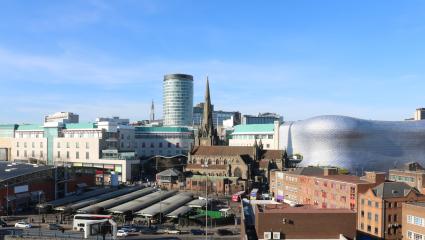 A stock photograph of the skyline view of Birmingham, UK