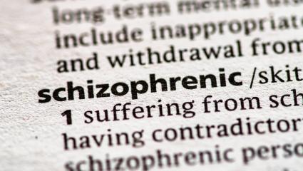 A close up photo of the word 'schizophrenic' in a dictionary.