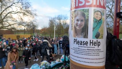 A missing person sign featuring Sarah Everard at her vigil, in Clapham