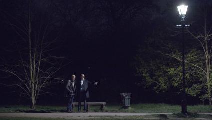 Graham Hill and Nick Scola underneath a street lamp in Clapham Common