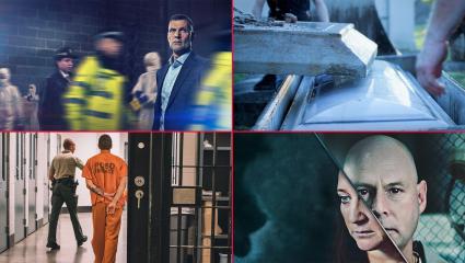 A montage of show graphics for the October highlights on Crime+Investigation