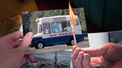 A stock image of an ice cream van and a person holding a lit match