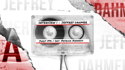 An old cassette tape with 'Interview 1 - Jeffrey Dahmer' and 'July 1991 / Det. Patrick Kennedy' written on it