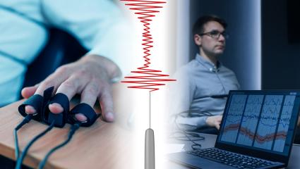 Left: A close up of a man's fingers strapped into a polygraph test, right, a wide photograph of a man undertaking a lie detector test
