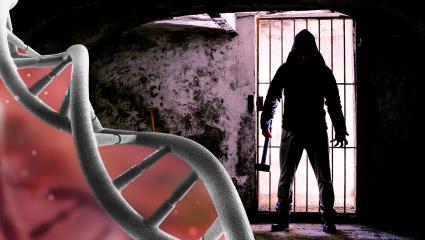 A stock image showing a DNA string and a person holding a sledgehammer