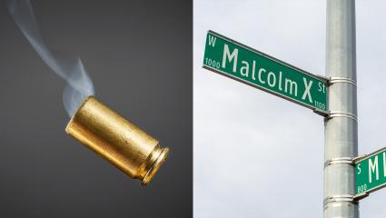 A stock photo of a smoking bullet and a street sign for Malcom X Street