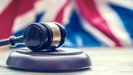 A photograph of a courtroom gavel and the Union Flag in the background