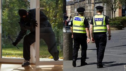 A stock image showing a burglar and two British police officers 