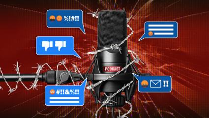 A stock image graphic of a microphone surrounded by hate messages and angry emojis