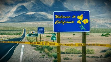 A graphic image showing a 'Welcome to California' sign with police tape digitally added around the signs base
